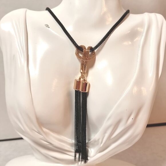 CHAIN TASSEL GOLD N BLACK SWEATER TUNIC NECKLACE - Picture 1 of 9